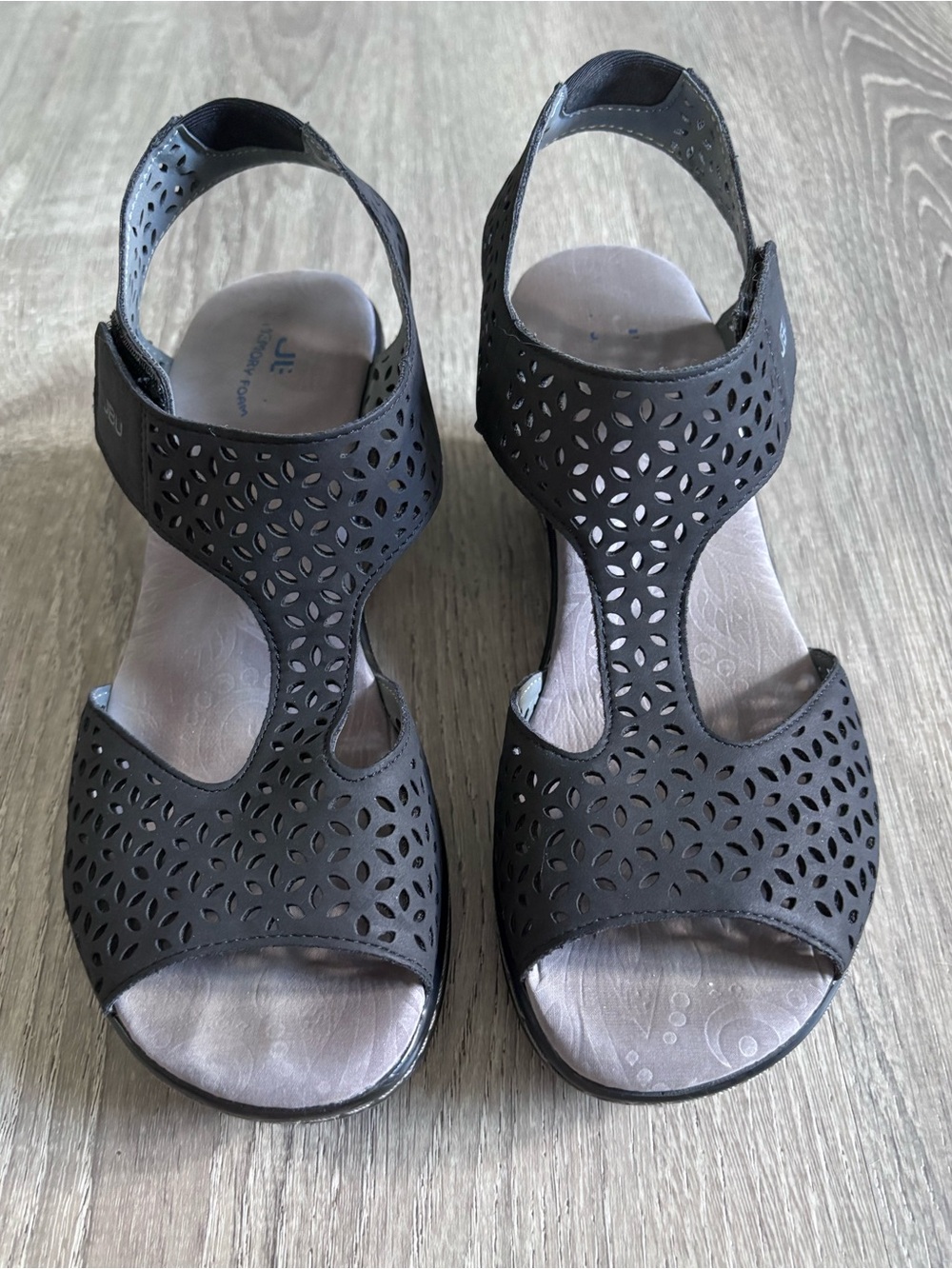 JBU Black Laser-Cut T-Strap Slingback Sandals